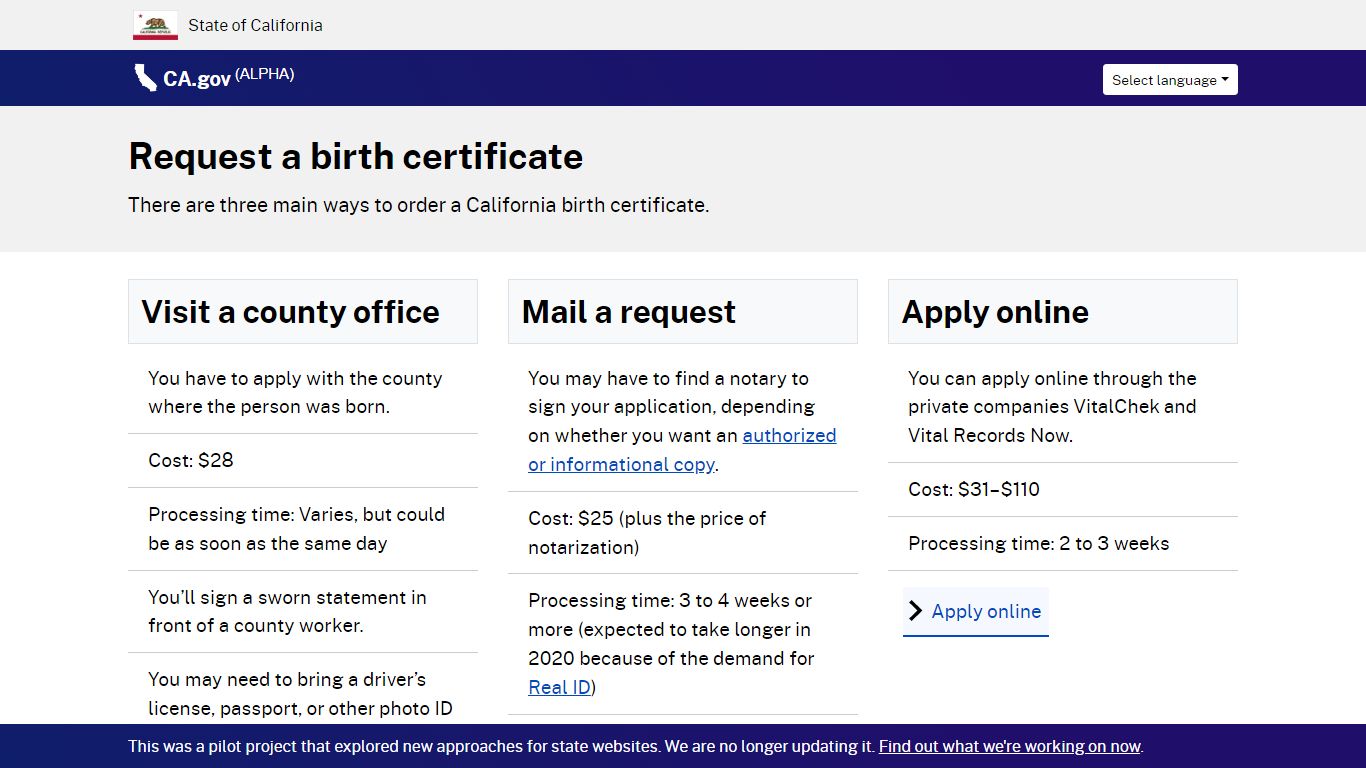 Request a birth certificate - Welcome to Alpha.CA.gov - California